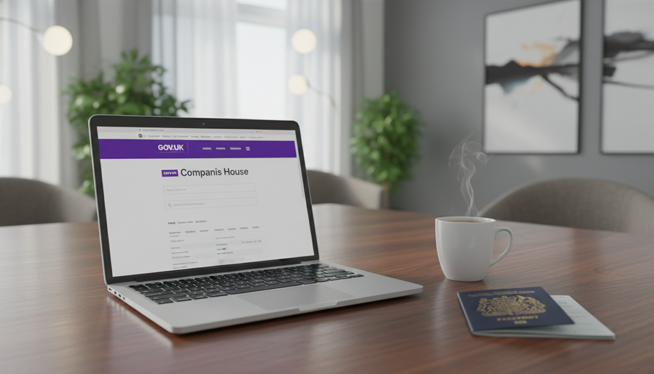 A professional wooden desk with a laptop showing the UK Companies House website, a cup of coffee, and a British passport, captured in a bright, modern office setting with soft bokeh.