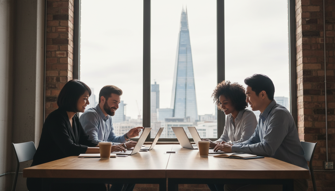 A diverse group of professional entrepreneurs in a modern London co-working space, collaborating over laptops with a view of the Shard through the window, soft natural lighting, high-quality photography.
