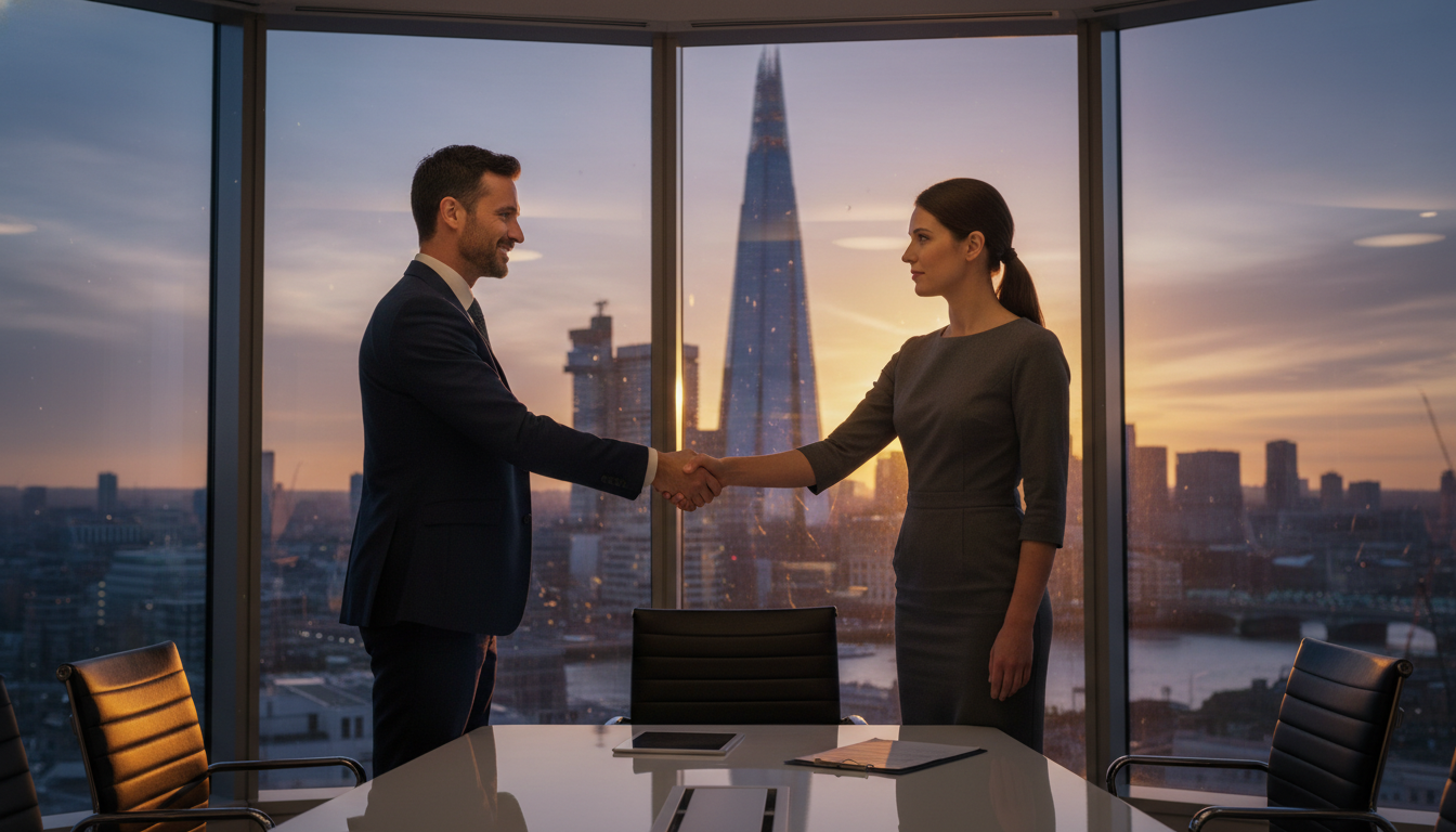 A professional expat entrepreneur shaking hands with a legal consultant in a modern London office overlooking the Shard at sunset, high-quality cinematic lighting