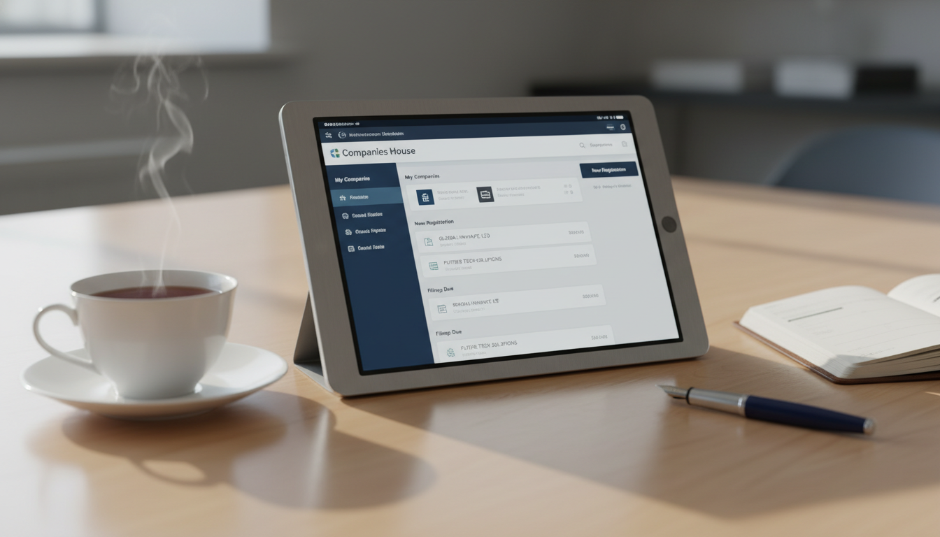 A high-quality close-up of a digital tablet showing a Companies House registration dashboard on a clean wooden desk with a cup of Earl Grey tea and a fountain pen