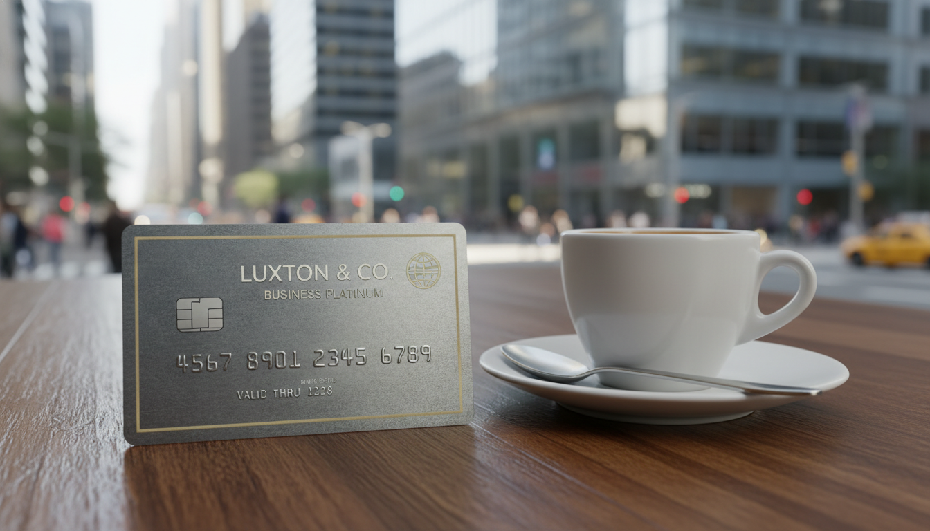A close-up shot of a high-quality metal business debit card resting on a wooden table next to a cup of espresso, with a blurred background of a busy financial district.