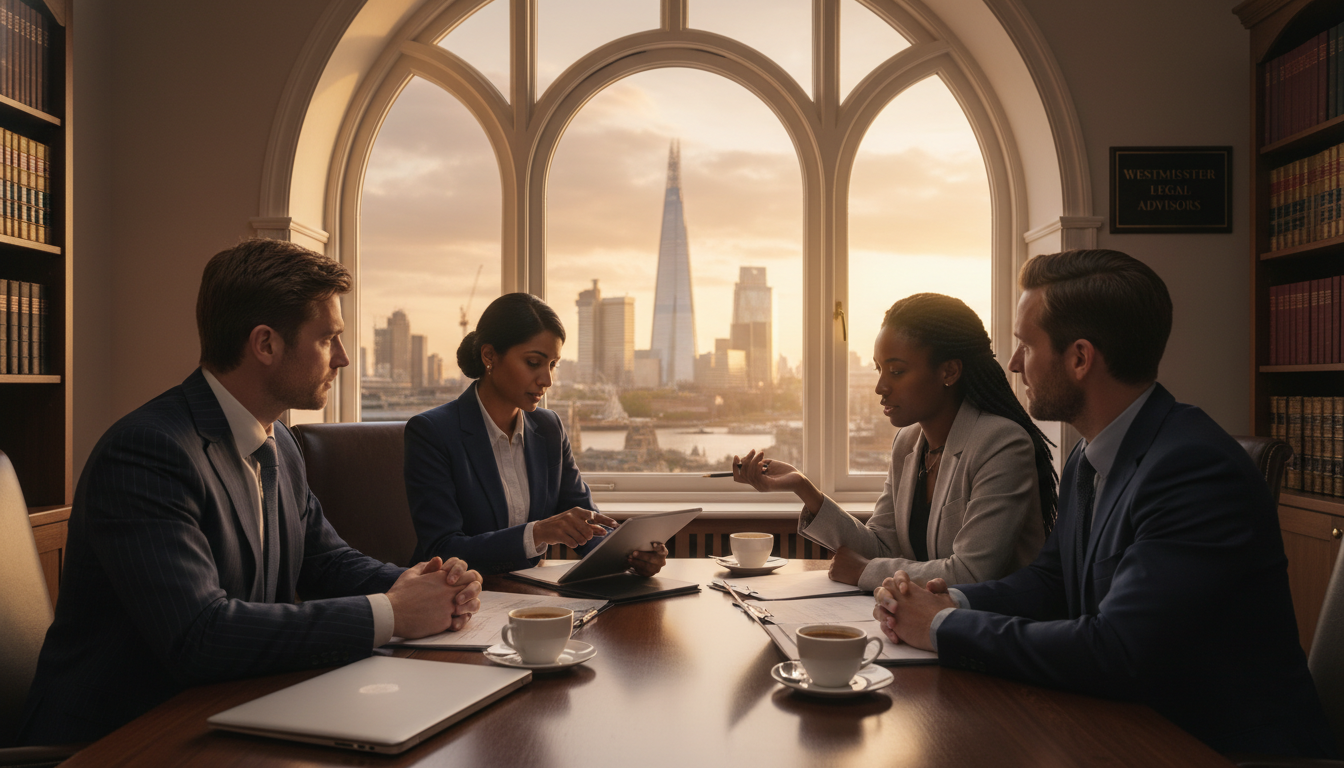 A professional legal office setting in London with a view of the city skyline through the window, featuring a diverse group of lawyers and expats in a focused but friendly consultation, warm cinematic lighting, 4k resolution