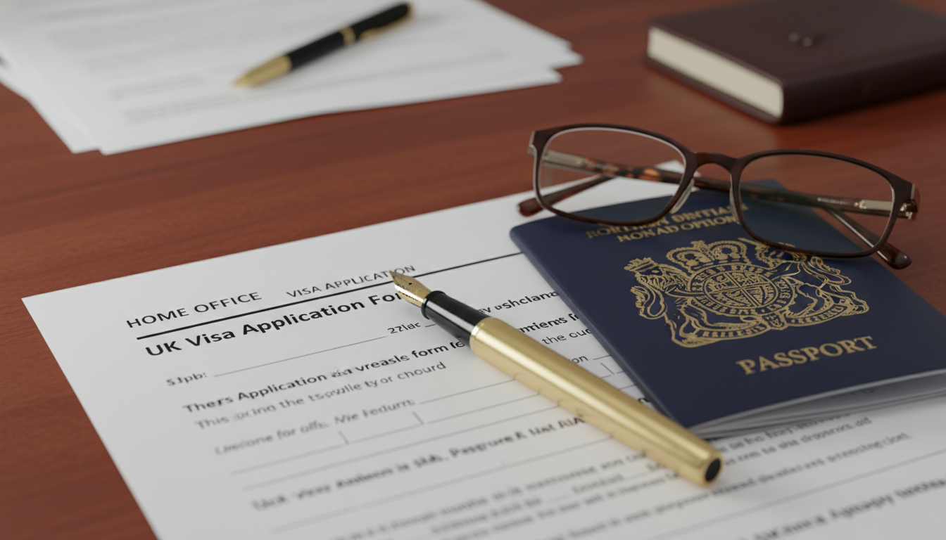 A close-up of a wooden desk featuring a UK visa application form, a gold fountain pen, a British passport, and a pair of reading glasses, symbolizing professional legal preparation, shallow depth of field, high-quality photography