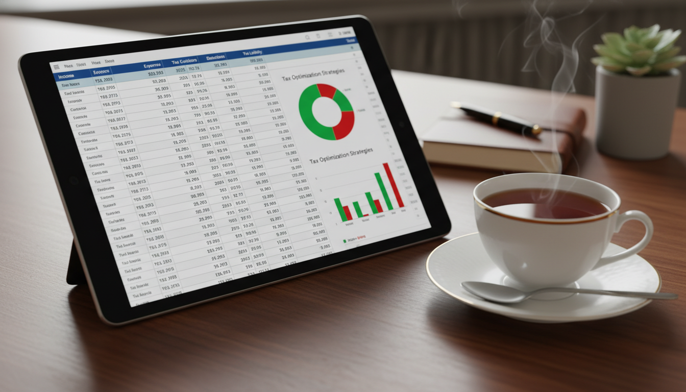 A close-up shot of a digital tablet showing a complex financial spreadsheet and tax optimization graphs next to a cup of English tea on a wooden desk.