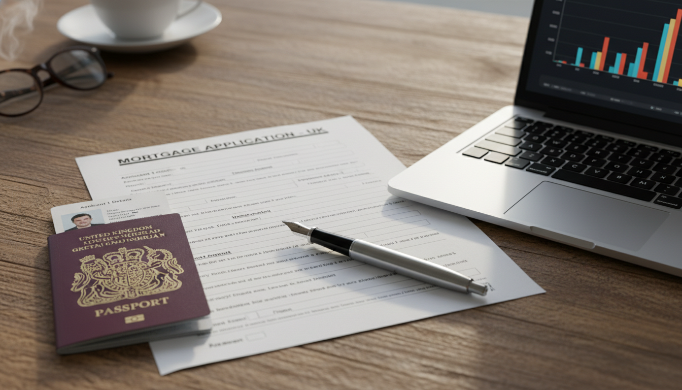 A detailed close-up of a UK mortgage application form on a wooden desk next to a British passport, a fountain pen, and a laptop showing financial charts.