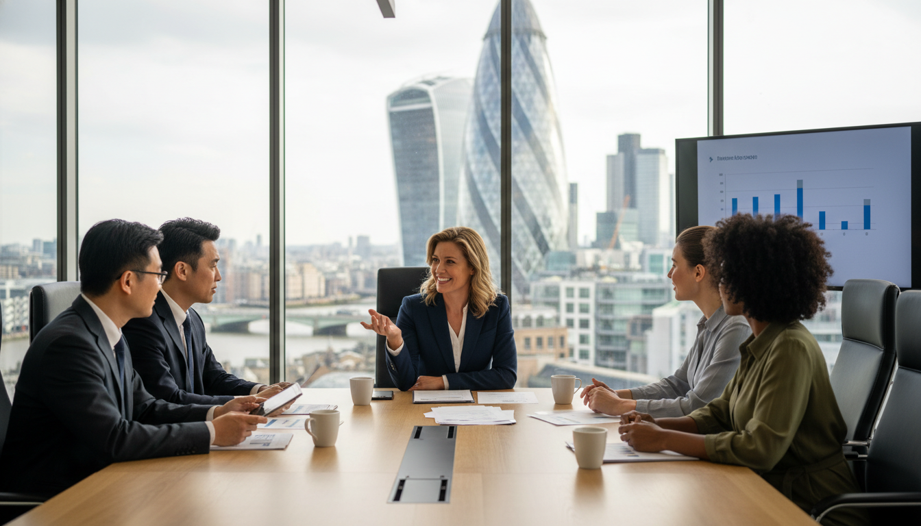 A professional expat in a modern glass-walled boardroom in London, overlooking the Gherkin skyscraper, engaged in a collaborative meeting with diverse colleagues.