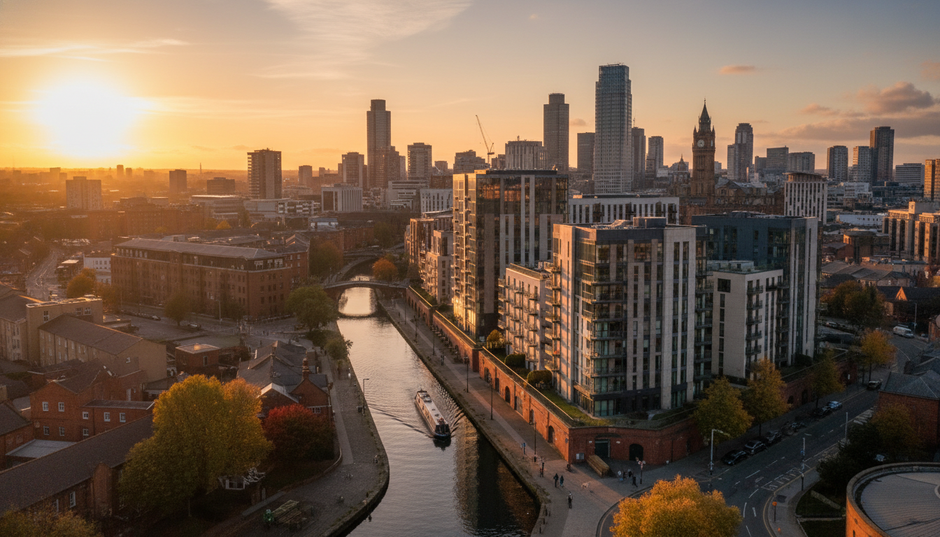 A high-angle cinematic shot of a modern residential development in Manchester, featuring sleek glass buildings next to a historic canal, with the city skyline in the background during golden hour.