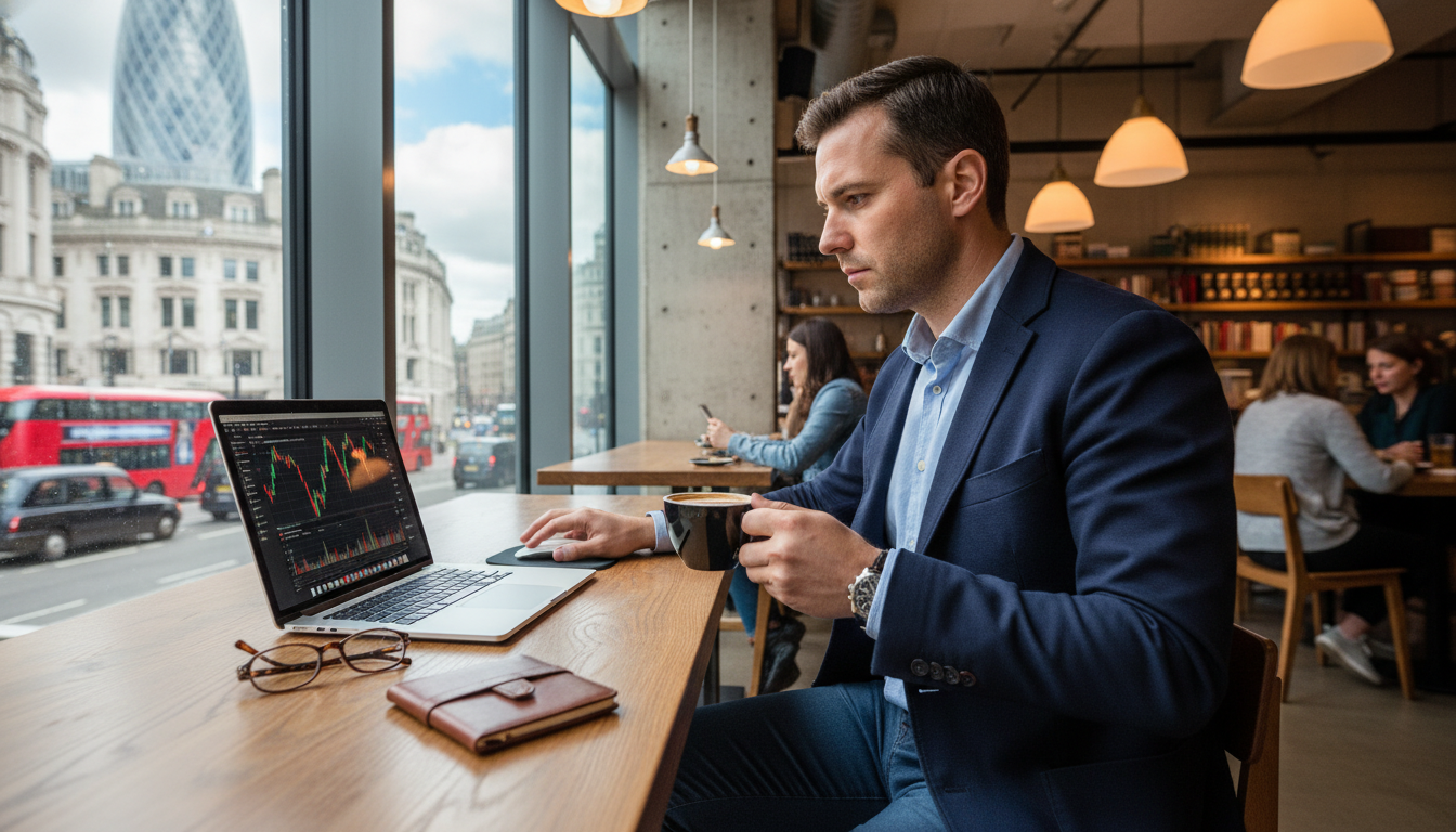A professional expatriate man in a tailored casual blazer sitting in a modern London cafe, analyzing stock market graphs on a high-end laptop with a view of the Gherkin building through the window.